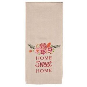 Home Sweet Home Embroidered Kitchen Tea Towels Tan Pink Flowers 2-Pc Gift NEW